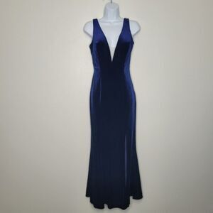Y2k navy blue elegant velvet cross strap back slit deep v prom special occasion